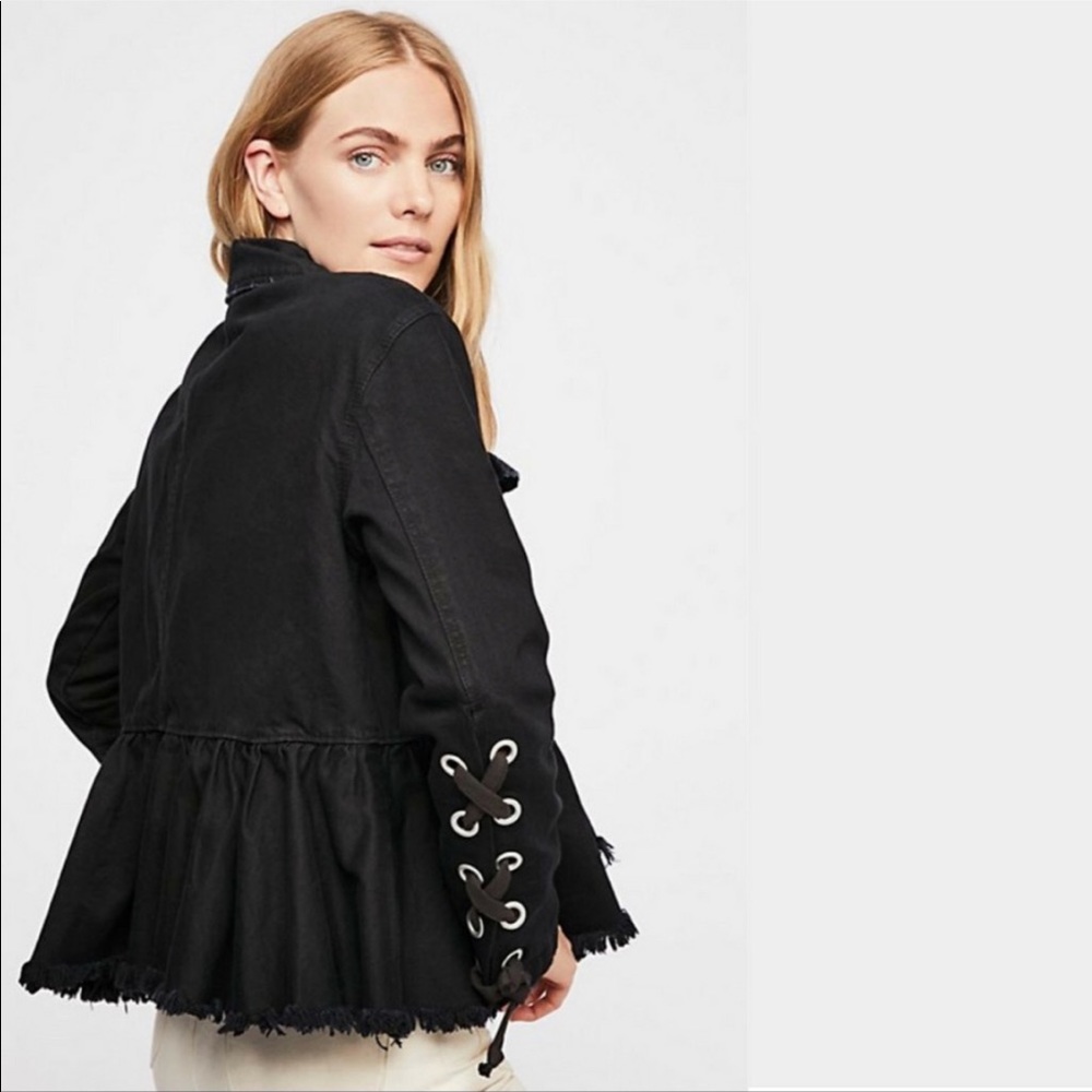 Free People Black Raw-Edge Denim Jacket with Side Tie Details NWT - Picture 3 of 16